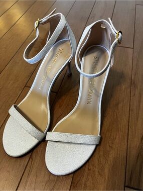 Stuart Weitzman Glittery Silver Ankle-Strap Heels